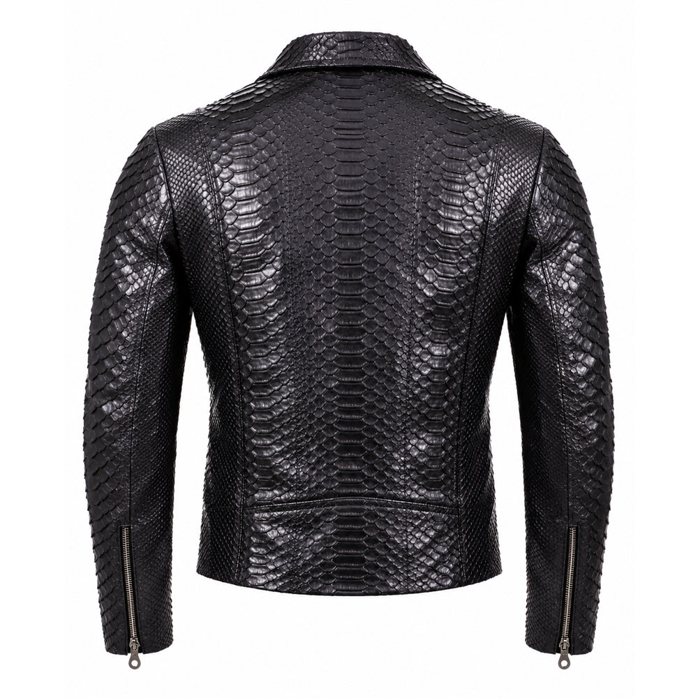 Black Python Textured Leather Biker Jacket