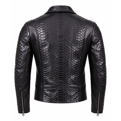 Black Python Textured Leather Biker Jacket