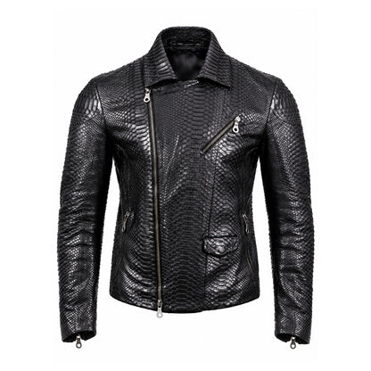 Black Python Textured Leather Biker Jacket