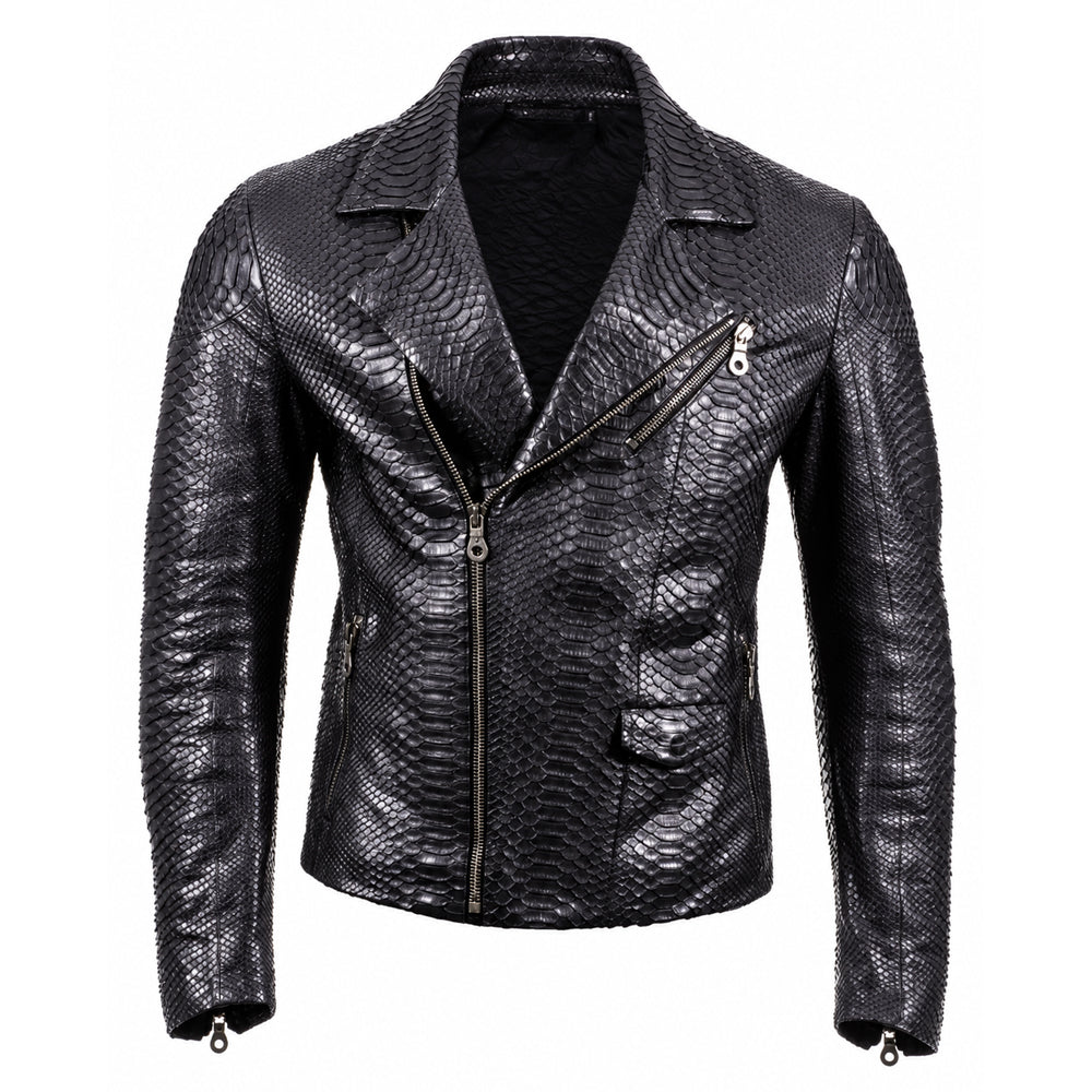 Black Python Textured Leather Biker Jacket