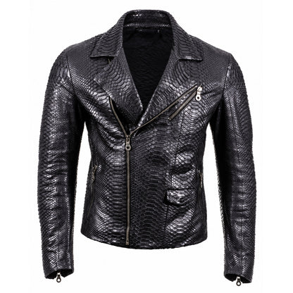 Black Python Textured Leather Biker Jacket