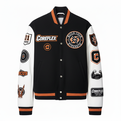 Black varsity jacket with multiple logos on a white background