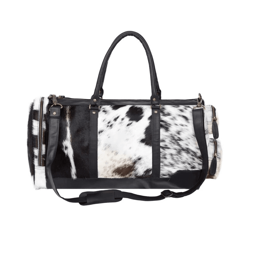 Black and White Natural Cowhide Leather Columbus Weekender - CoreFlexInd