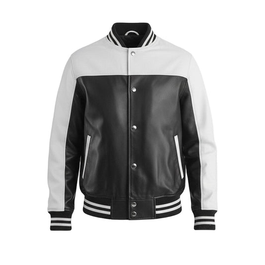 Black and white varsity jacket on a light gray background