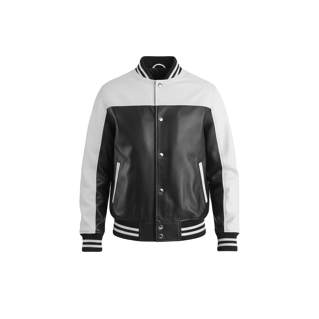 Black and white varsity jacket on a light gray background