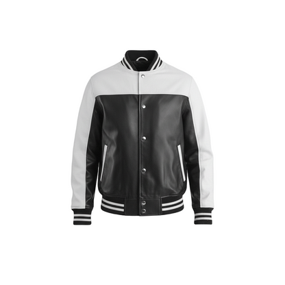 Black and white varsity jacket on a light gray background