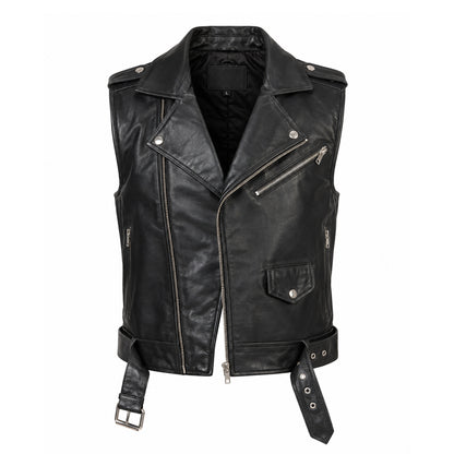 Men’s black cowhide leather motorcycle vest with notch collar, zipper closure, waist belt and multiple pockets