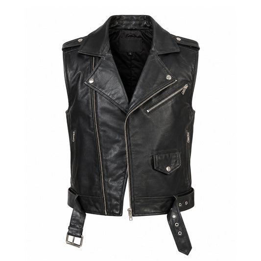 Men’s black cowhide leather motorcycle vest with notch collar, zipper closure, waist belt and multiple pockets