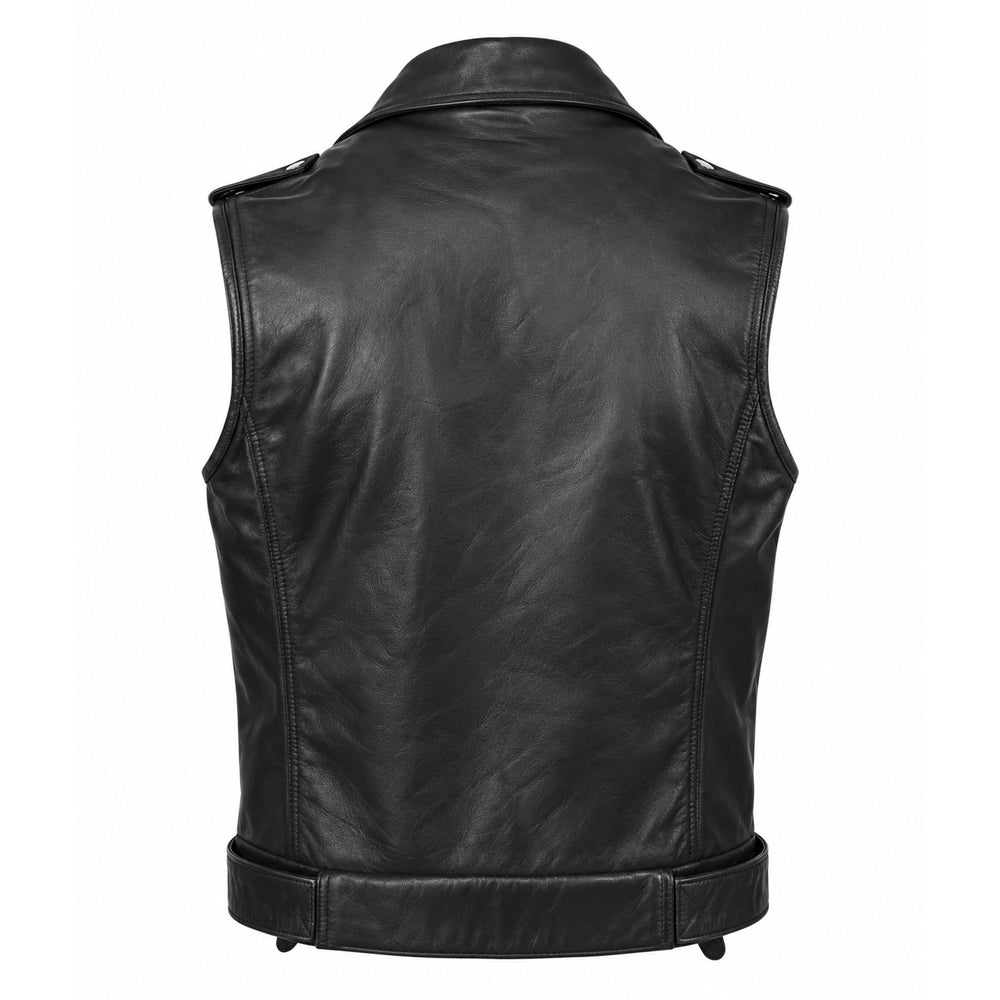 Men’s black cowhide leather motorcycle vest with notch collar, zipper closure, waist belt and multiple pockets