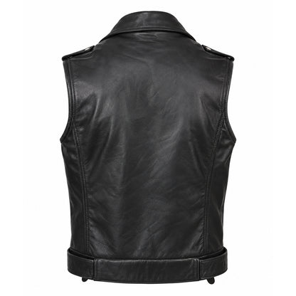 Men’s black cowhide leather motorcycle vest with notch collar, zipper closure, waist belt and multiple pockets