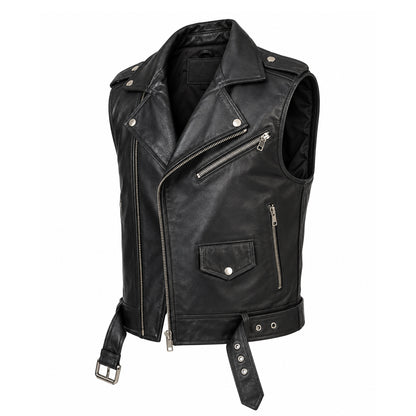 Men’s black cowhide leather motorcycle vest with notch collar, zipper closure, waist belt and multiple pockets