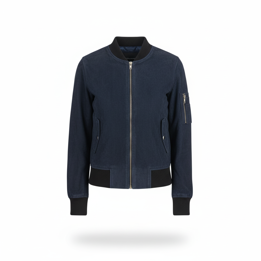 Navy blue bomber jacket with black accents on a white background