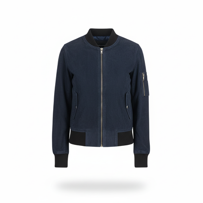 Navy blue bomber jacket with black accents on a white background