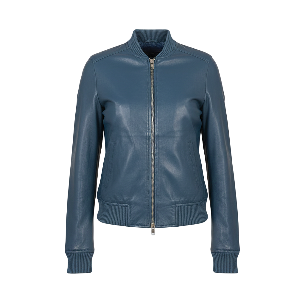 Blue leather jacket on a white background