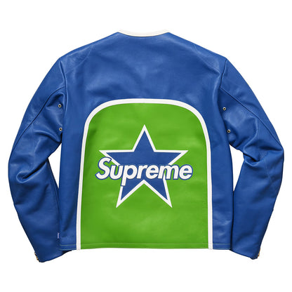 A blue leather jacket shown from the back, featuring a large green panel with a blue star outline and the white Supreme logo across the center.