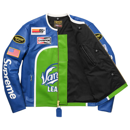A blue leather jacket shown from the back, featuring a large green panel with a blue star outline and the white Supreme logo across the center.