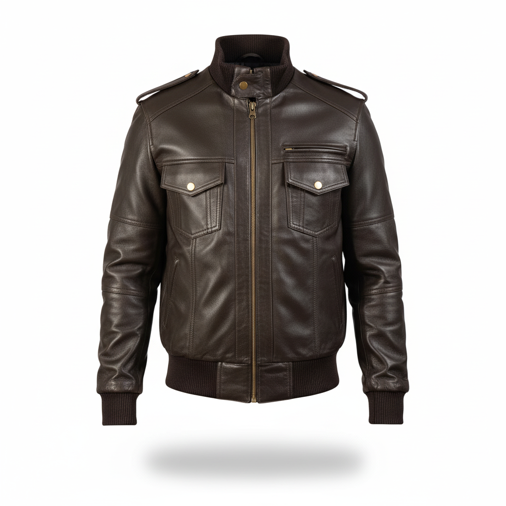 Brown leather jacket on a white background