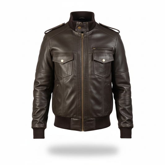 Brown leather jacket on a white background