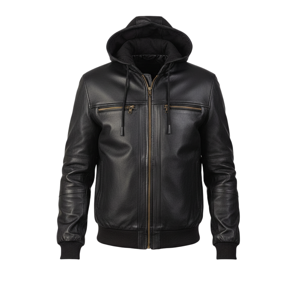 Black leather jacket with a hood on a light gray background