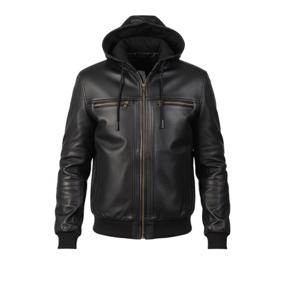 Black leather jacket with a hood on a light gray background
