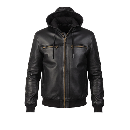 Black leather jacket with a hood on a light gray background