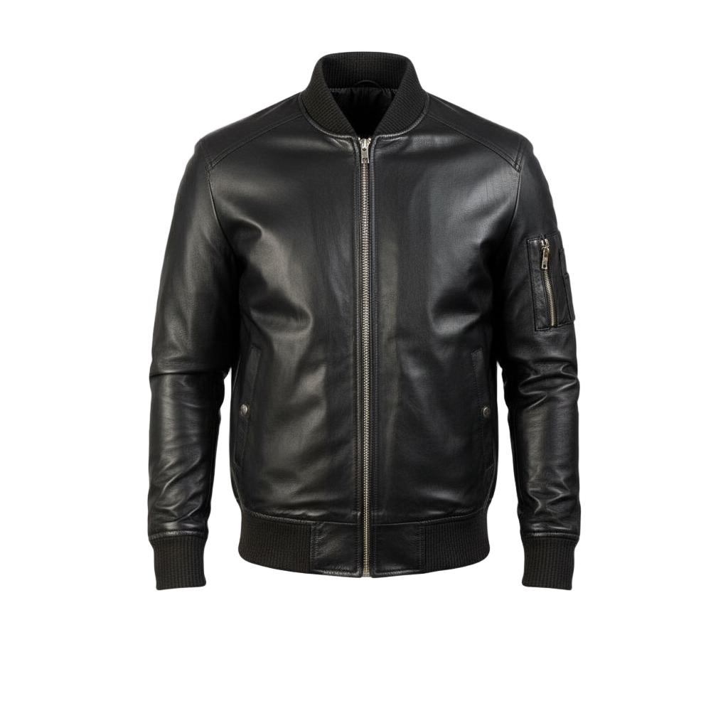 Black leather jacket on a white background