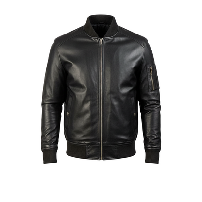 Black leather jacket on a white background