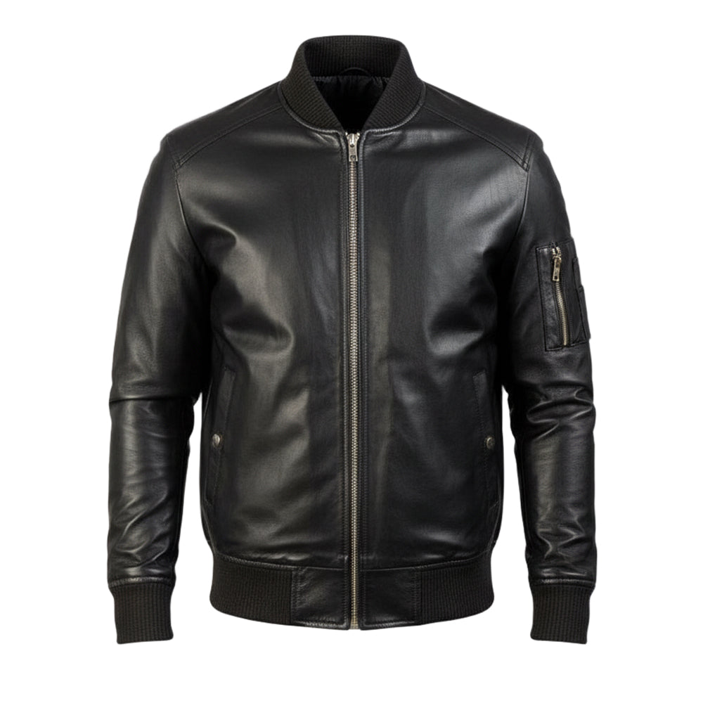 Black leather jacket on a white background