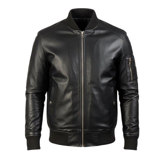 Black leather jacket on a white background