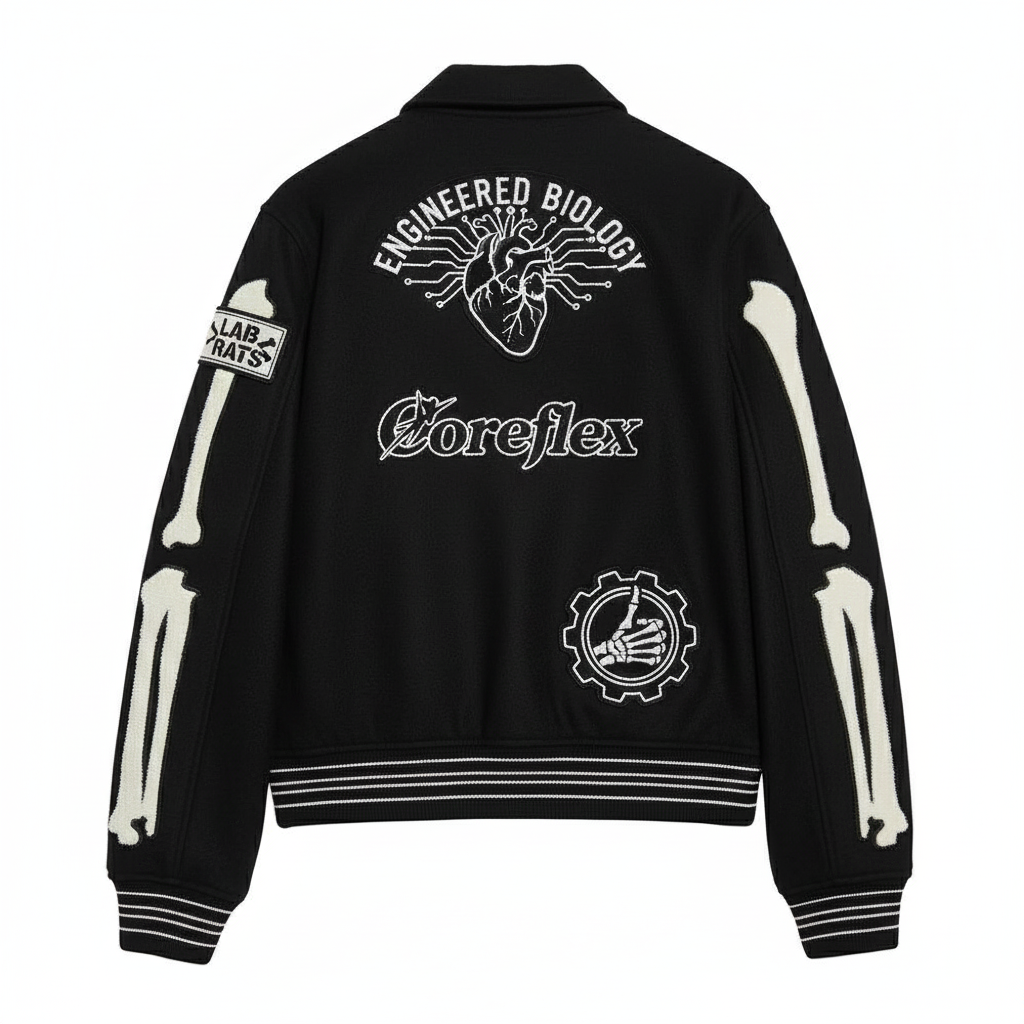 Black jacket with white graphics and text on a white background