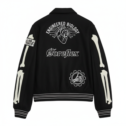 Black jacket with white graphics and text on a white background