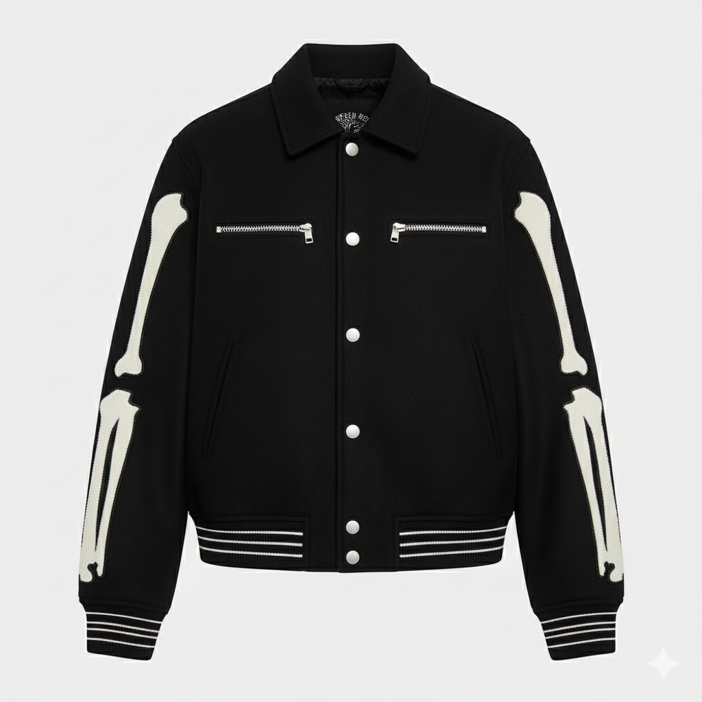 Black jacket with skeleton arm designs on a light gray background