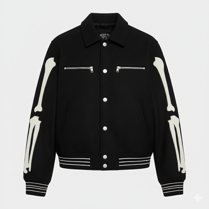 Black jacket with skeleton arm designs on a light gray background