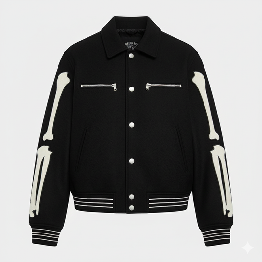 Black jacket with skeleton arm designs on a light gray background