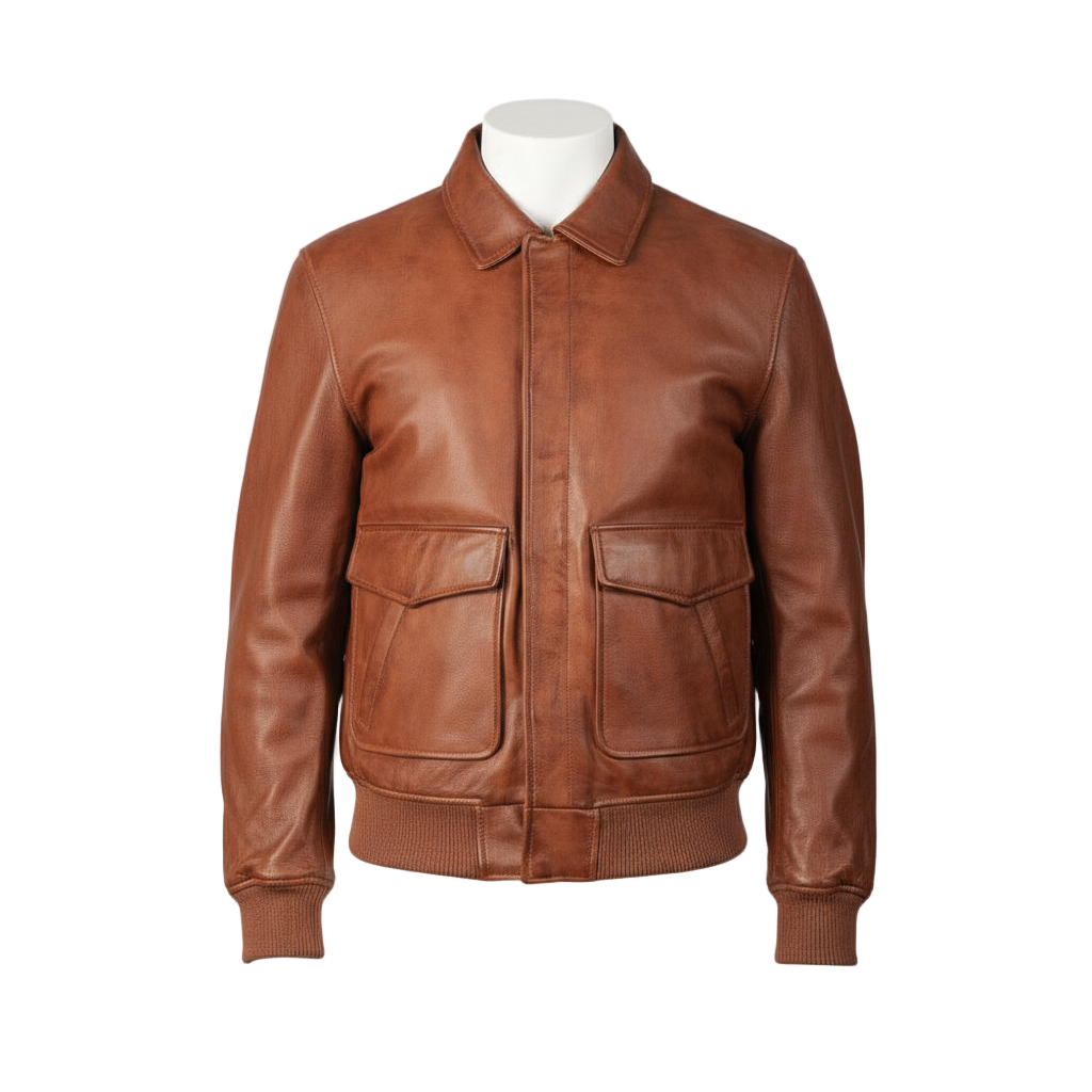 Brown leather jacket on a mannequin against a white background