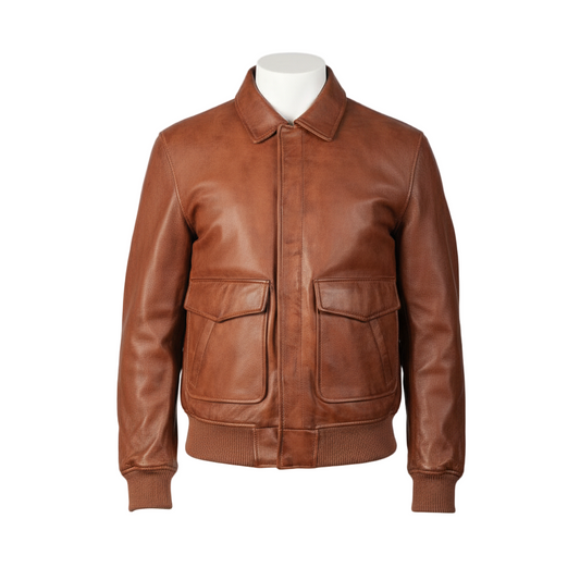 Brown leather jacket on a mannequin against a white background