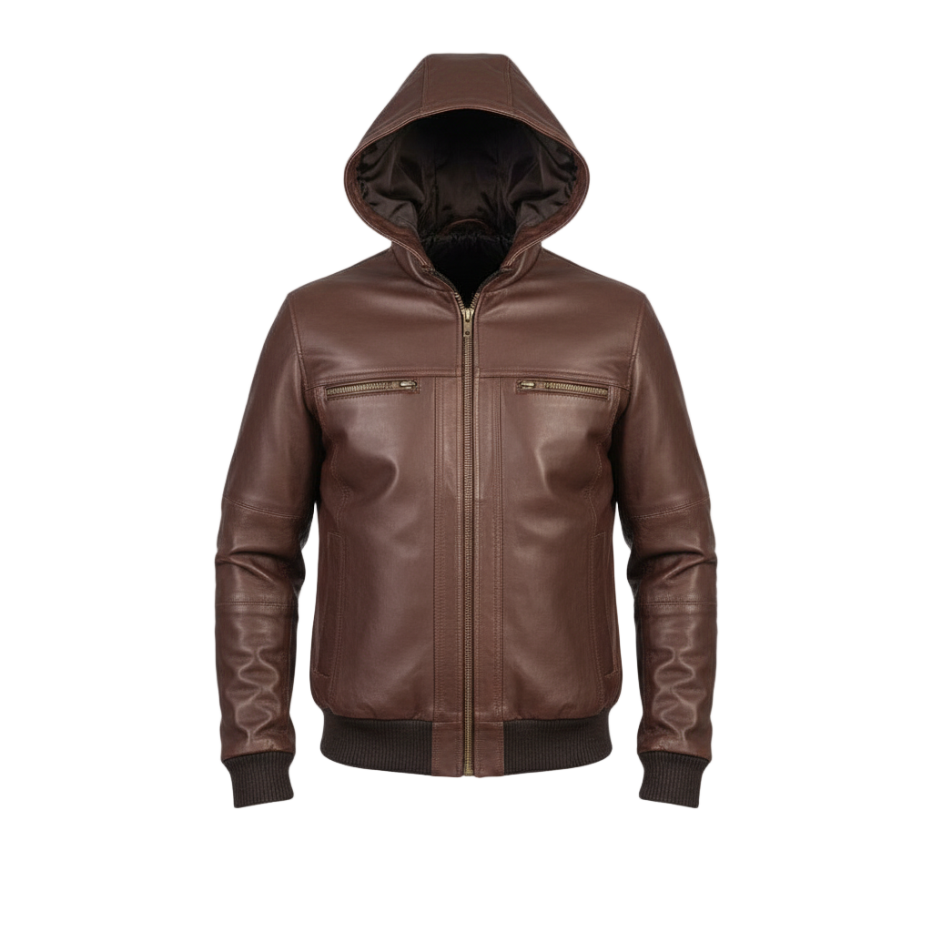 Brown leather jacket with a hood on a light gray background