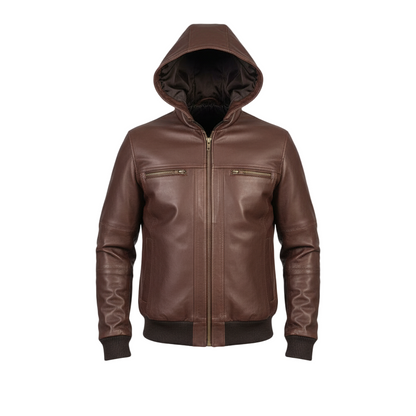 Brown leather jacket with a hood on a light gray background