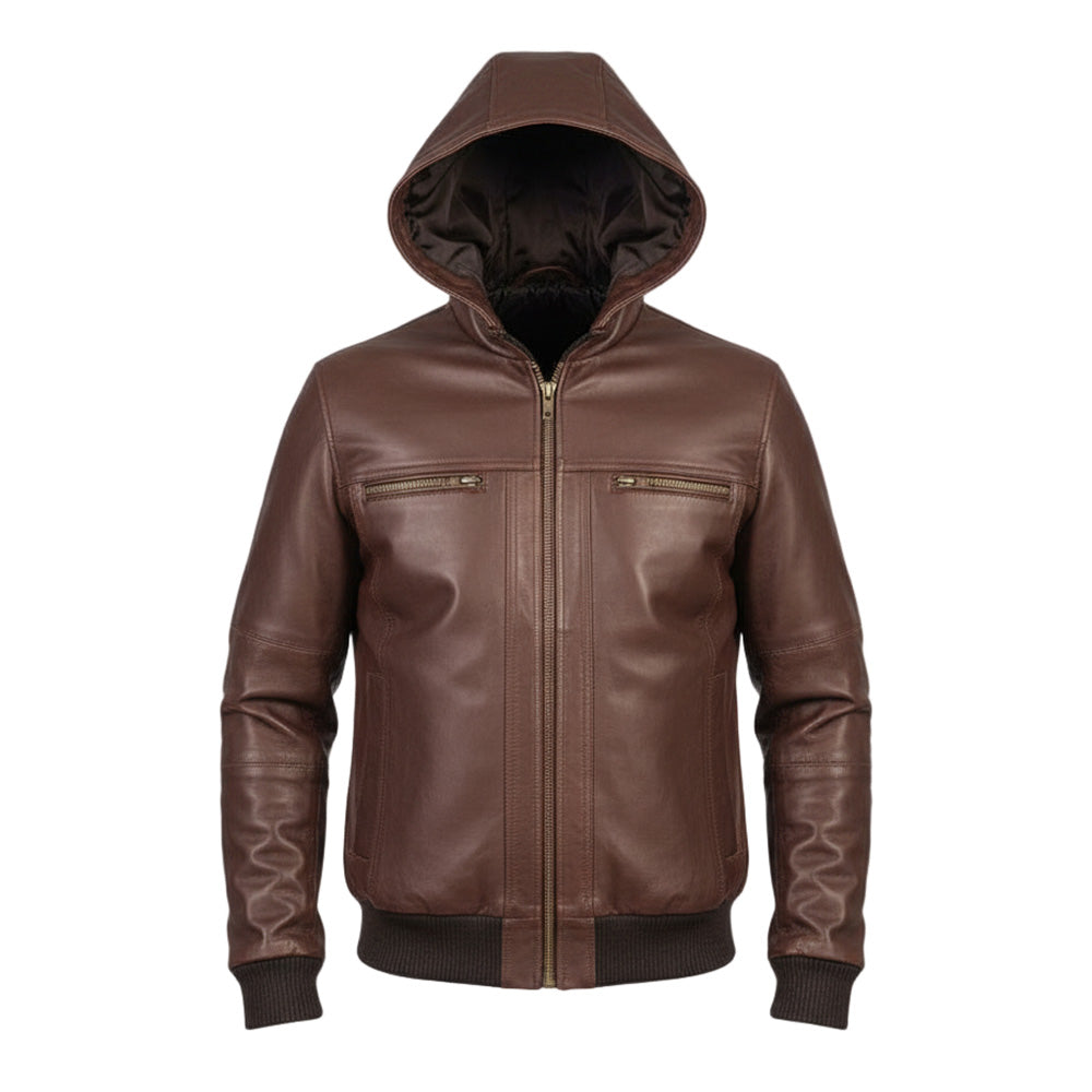 Brown leather jacket with a hood on a light gray background