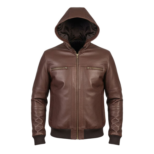 Brown leather jacket with a hood on a light gray background