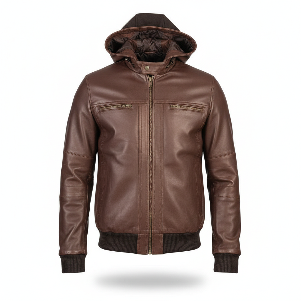 Brown leather jacket with a hood on a white background