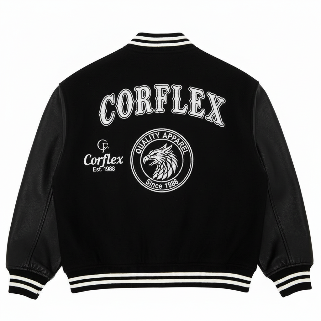 Black jacket with 'Corflex' branding on a white background