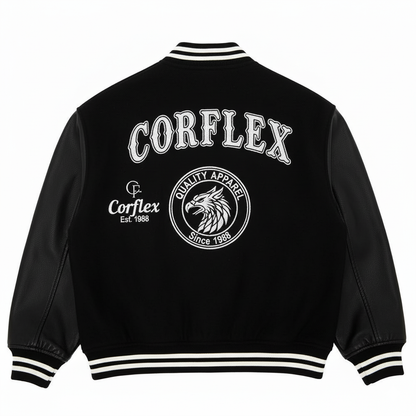 Black jacket with 'Corflex' branding on a white background