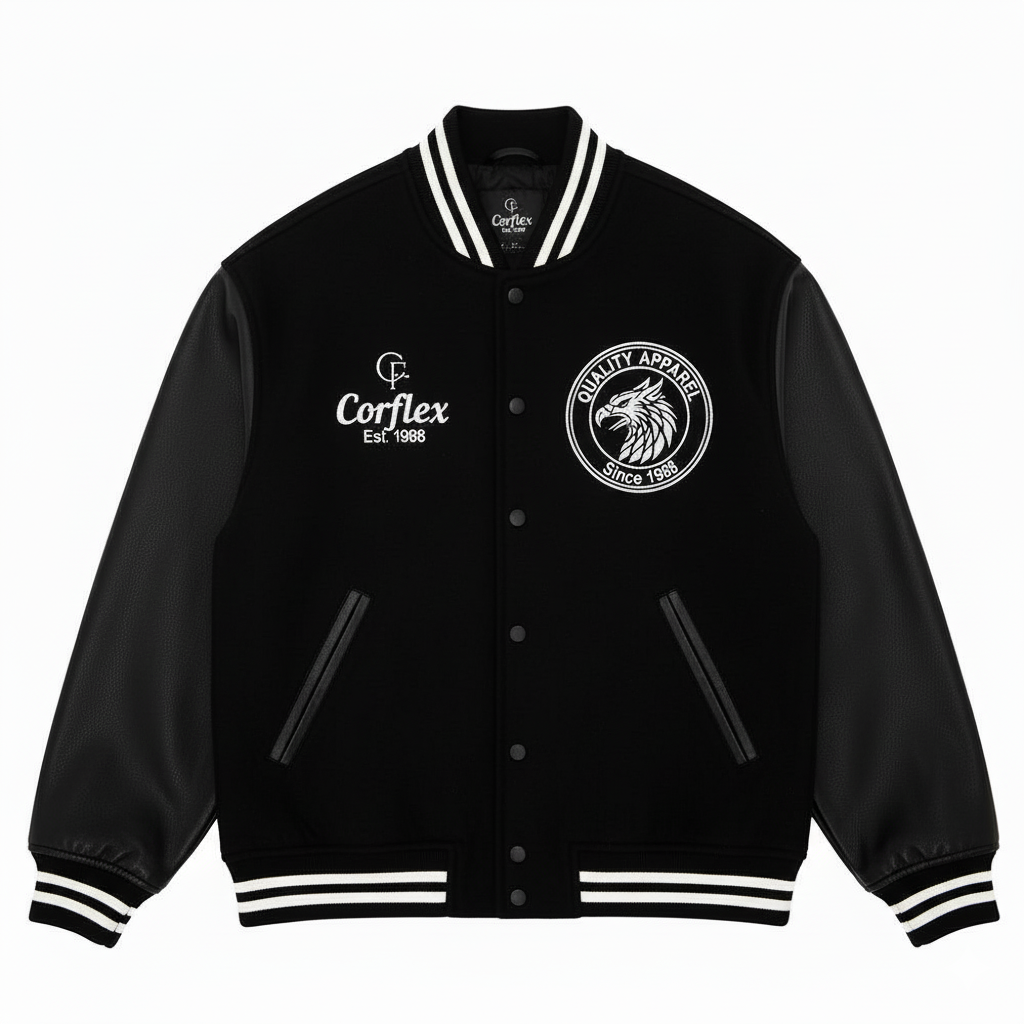 Black varsity jacket with white lettering and logos on a white background