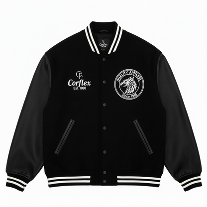 Black varsity jacket with white lettering and logos on a white background