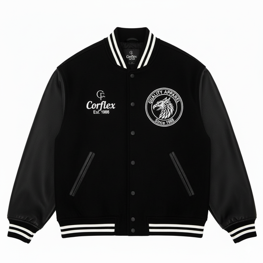 Black varsity jacket with white lettering and logos on a white background