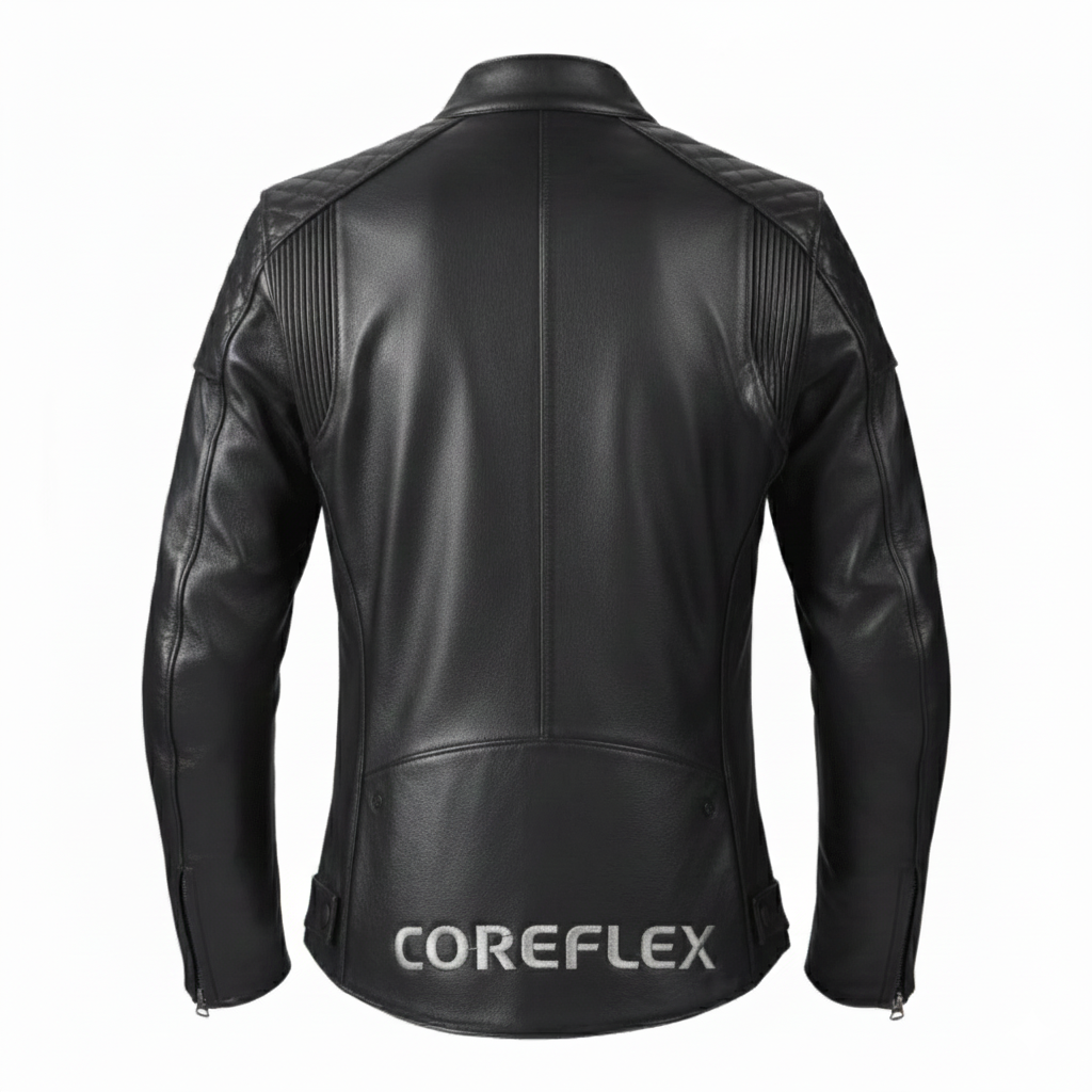 Black leather jacket with 'COREFLEX' branding on a white background