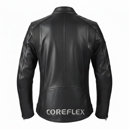Black leather jacket with 'COREFLEX' branding on a white background