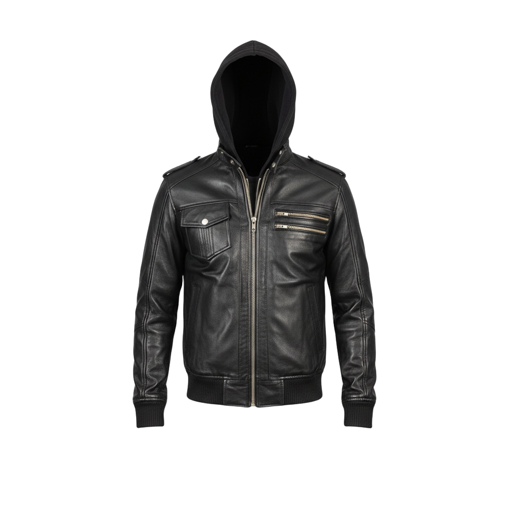 Black leather hoodie with zippers on a light gray background