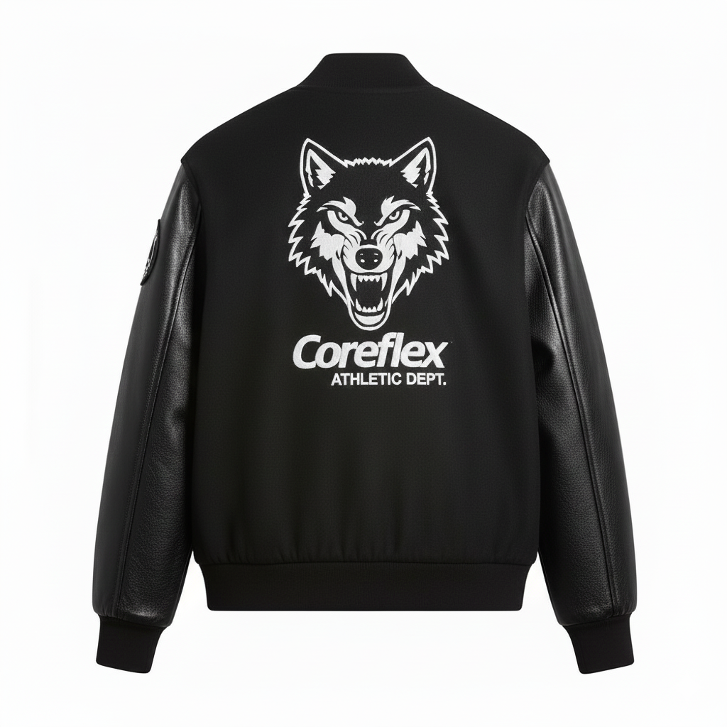 Black jacket with a wolf logo and 'Coreflex Athletic Dept.' text on the back against a white background